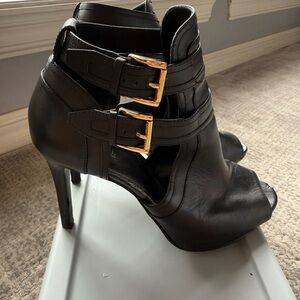Michael Kors Black Leather Peep-Toe High Heel Ankle Boots with Gold Buckles